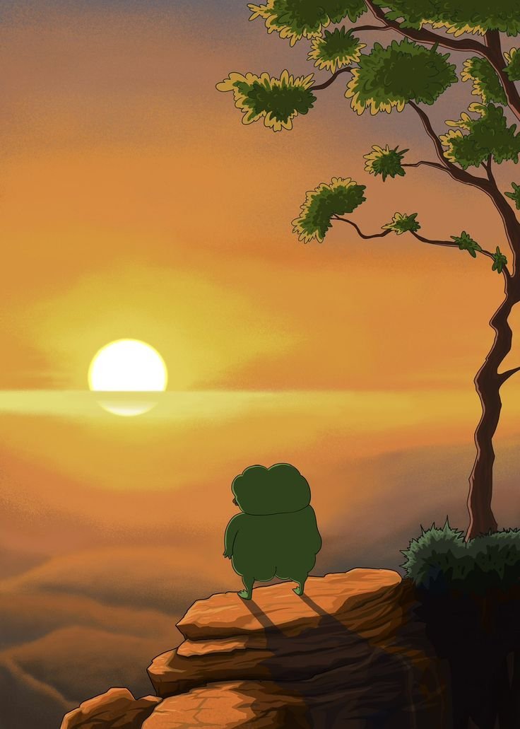 Pepe watching the sunrise from the cliff — done being sidelined